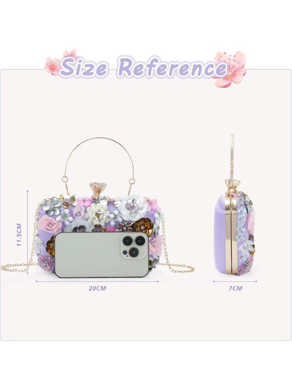 Women's Purple Clutches Flower Chain Strap Evening Imported Shoulder Bag - Picture 4 of 7